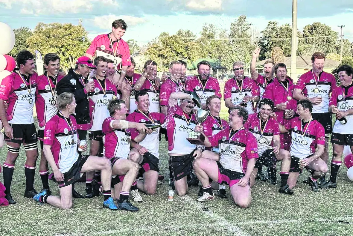 The Narromine Gorillas celebrate their 19-15 Central West New Holland Cup First Grade Rugby Union premiership. Photos courtesy of Narromine Gorillas Rugby Club. 