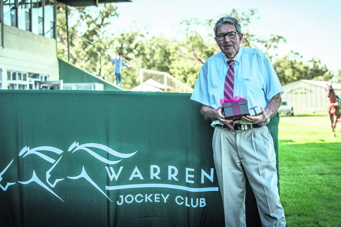Colin Hodges at Warren in 2021, an event that marked 50 years of Hodges calling races. Photo: Janian McMillan, www.racingphotography.com.au