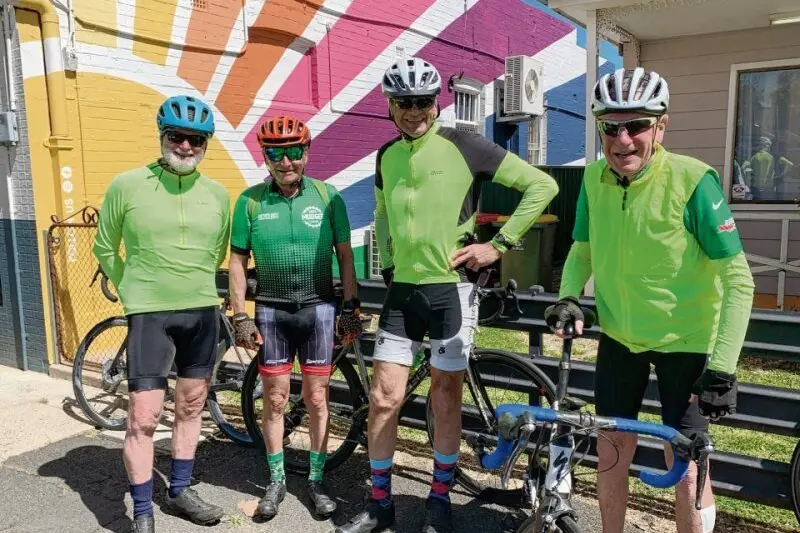 Some of the Old Pharts - Tony Geraghty, visitor Roy Doutreband, Peter Singh and Maurie Ashford, stopped for a post-coffee ride at Cafe 271 on Darling Street. Photo: Dubbo Photo News