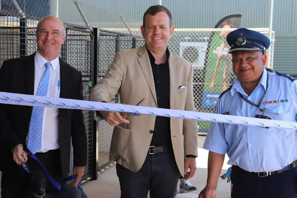 Greyhound Racing NSW Deputy CEO Wayne Billett, NSW MLC Stephen Lawrence, and Wellington Correctional Centre Governor Lennox Peter at the launch of the new Greyhound As Pets Prison Program. Photo: Supplied.