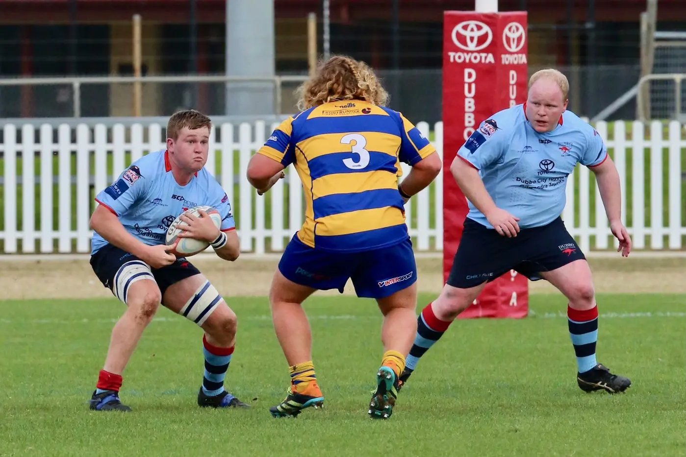 Blue Bulls Colts captain Bailey Warren confronts Sam Gemmell and hooker Andy Leatham. Photo: Dubbo Photo News/Steve Cowley