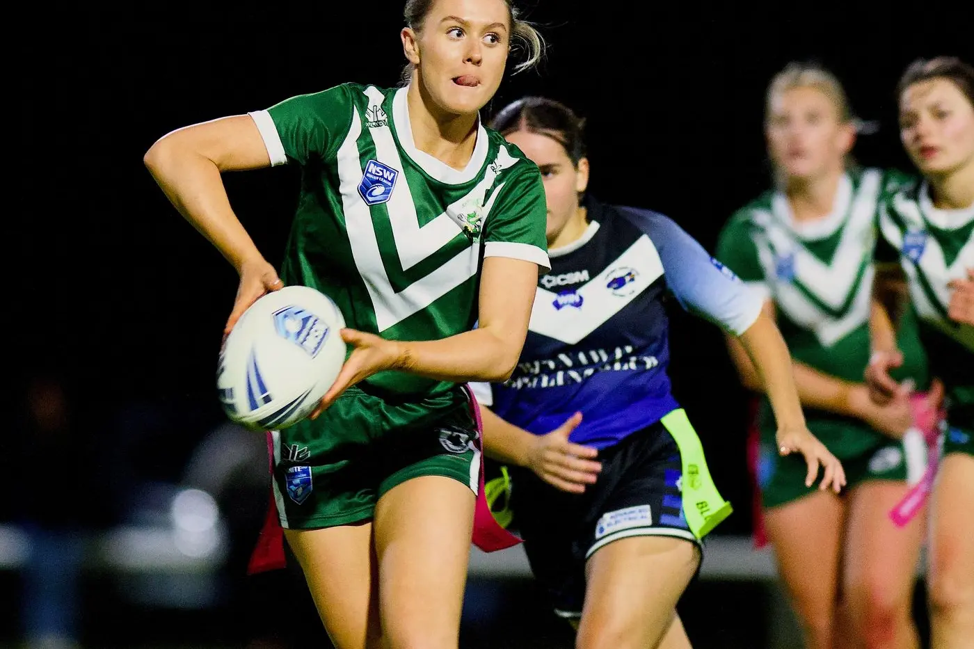 Action from the Dunedoo versus Binnaway Ladies League Tag game played at Binnaway last Friday night in Round Two of the Christie and Hood Castlereagh League, with the game won by the Dunedoo lasses, 34-0. Photo: Peter Sherwood Photography