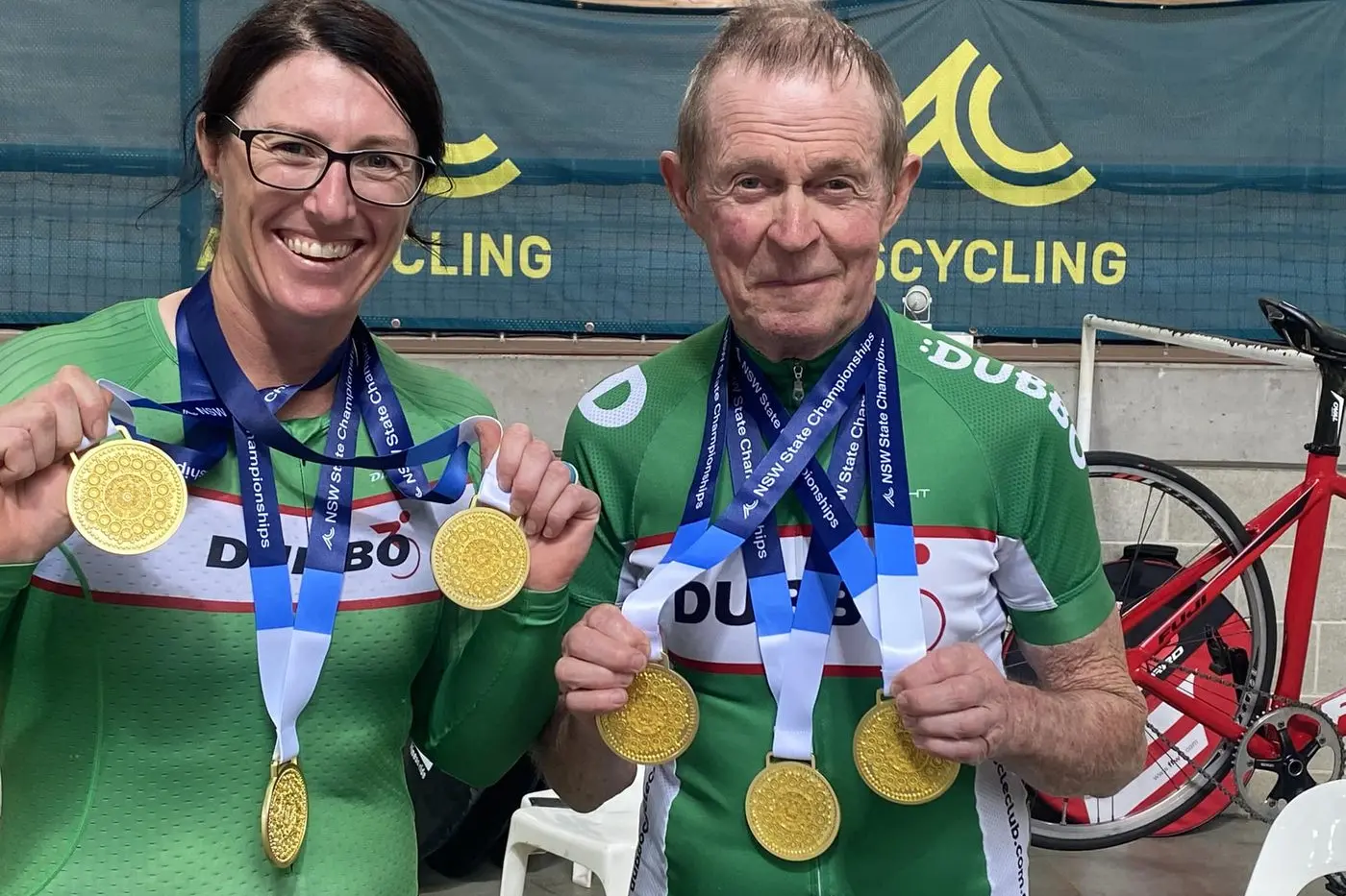 Two local cyclists doing Dubbo proud with a golden haul of medals in Sydney recently contesting the Masters NSW State Track Titles, Erica Lunney and Darrell Wheeler. PHOTO: Ray Wheeler/Wheeler Cycles