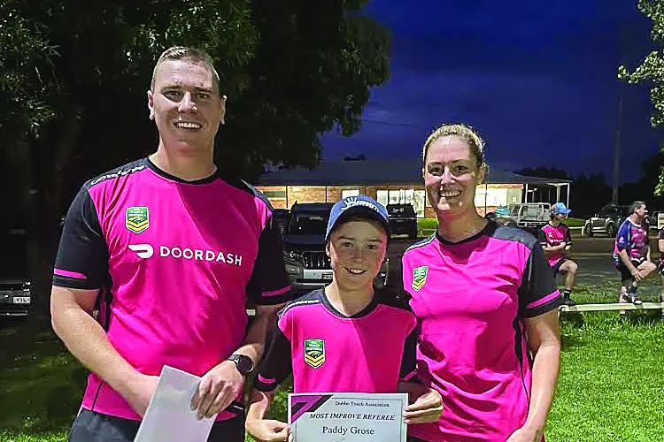 Referees Coordinators Matt Roberts and Jackie Obray pictured with awardee Paddy Grose. Photo: Supplied