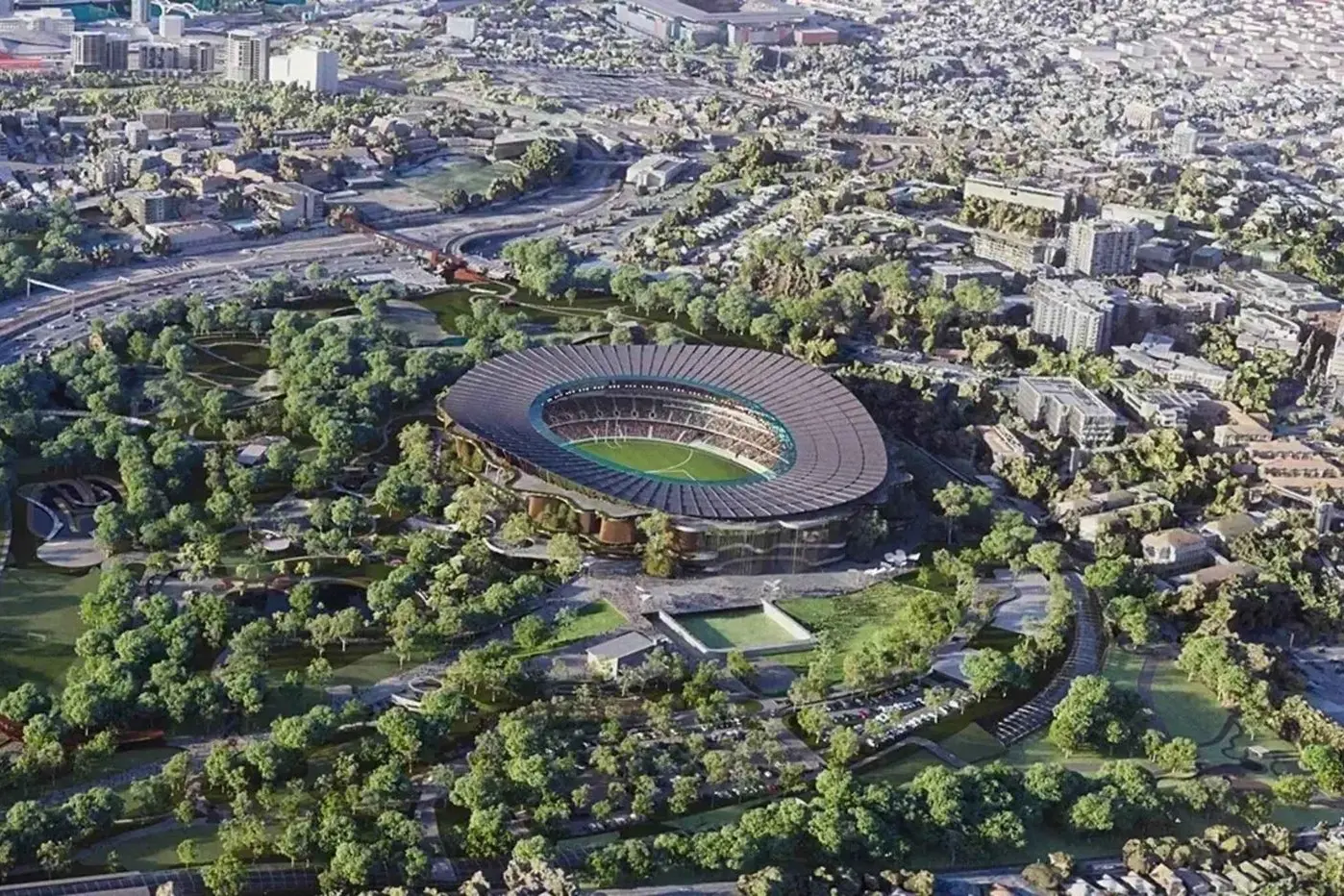 An artist\\'s impression of the new stadium that will be built at Victoria Park, Brisbane for the 2032 Olympics. Image: Supplied.