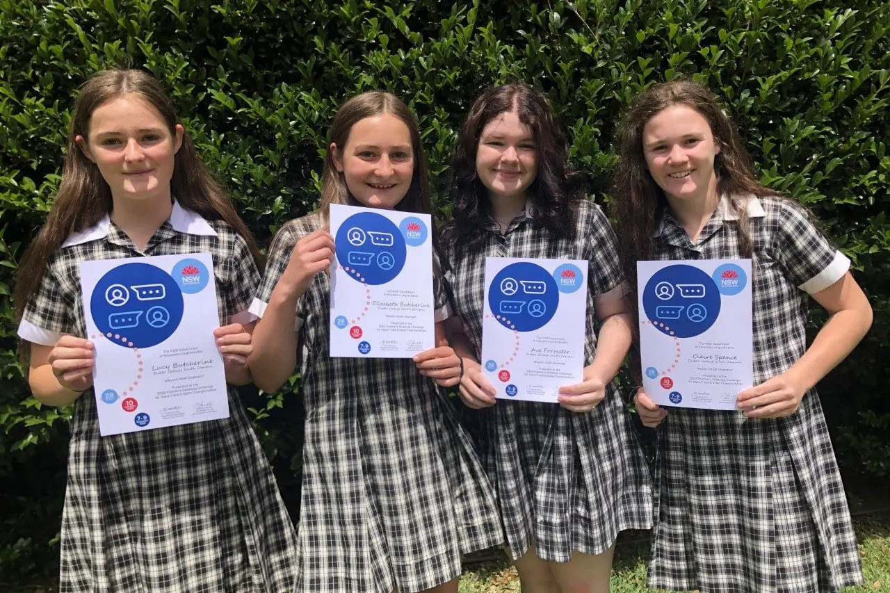 Dubbo College South Campus debating students, Lucy Butcherine, Elizabeth Butcherine, Ava Forrester and Claire Spence have been awarded fourth place at the  Arts Unit Year 7 and 8 Debating Championships. Photo: Supplied 