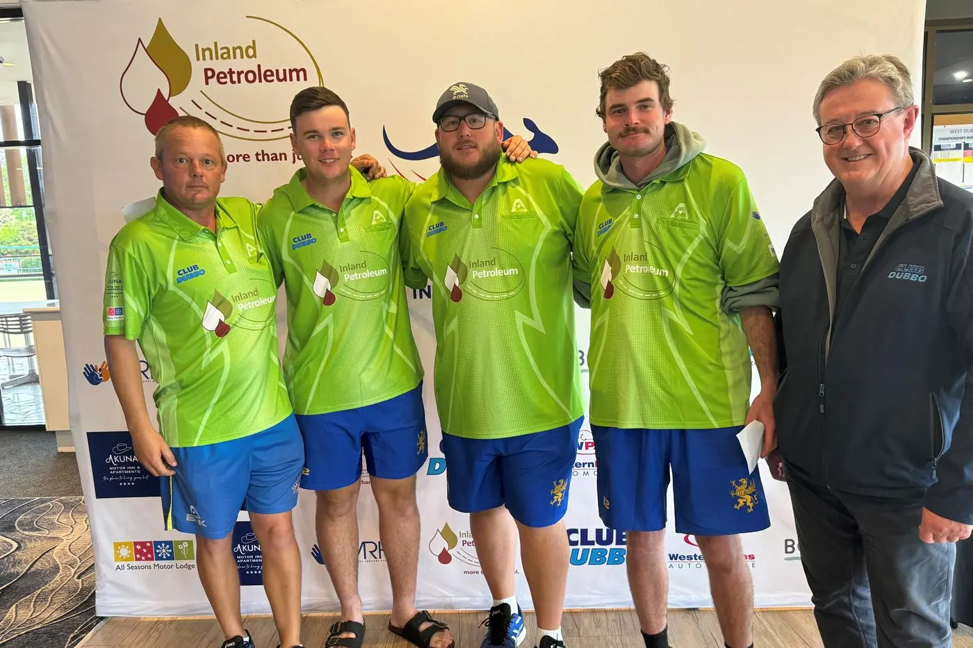 Oh so close, the Runners Up team for the Inland Petroleum City of Dubbo International Fours, led by Lee Schraner, who recently won the World Champion of Champion Singles in New Zealand last week. Lee\\u2019s team has been the winners for the past two years. Photo: Supplied