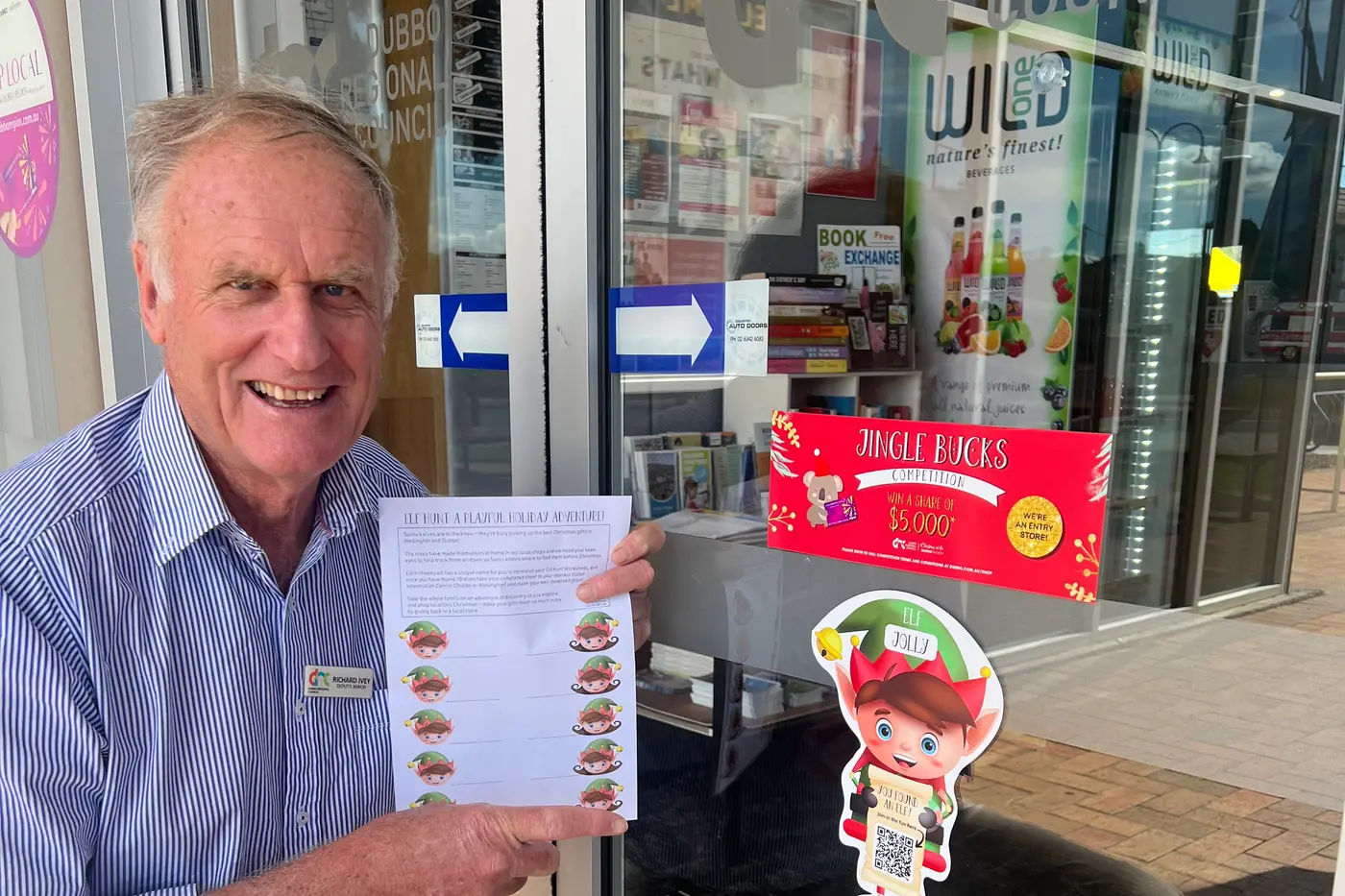 There\\u2019s one! Wellington councillor and Deputy Mayor Richard Ivey, recently did the rounds of business houses, and came-up trumps on the great Elf Hunt. Photo: Dubbo Regional Council.