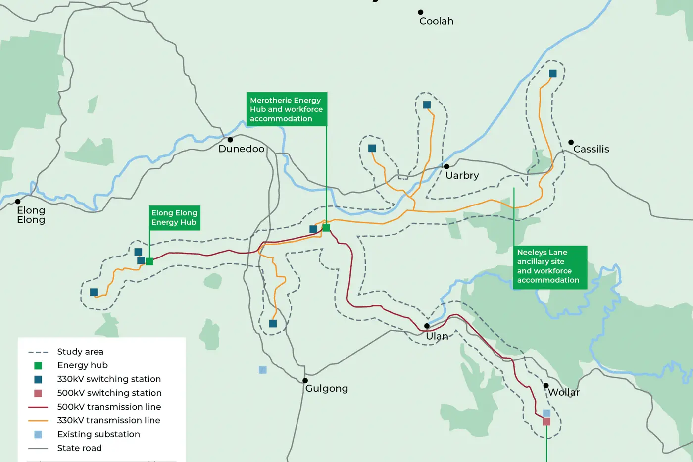 The new CWO transmission project, announced by the NSW Government on April 4. Photo: ACEREZ