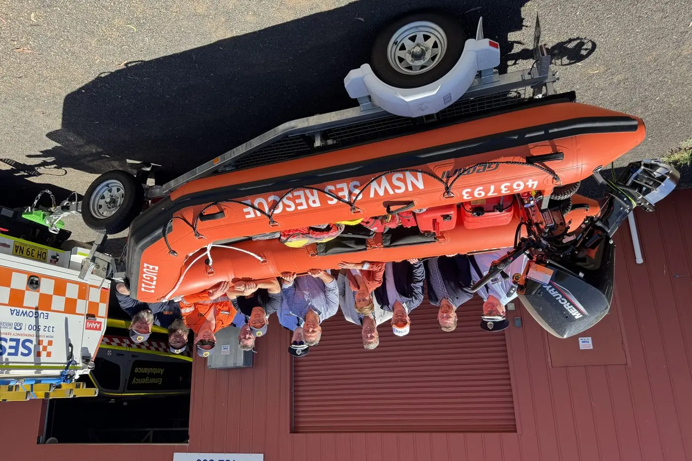 Minister for Emergency Services Jihad Dib and Member for Orange Phil Donato (front, centre) joined the SES Eugowra unit on Sunday to hand over a new Gemini inflatable rescue boat (IRB). Photo: Supplied.
