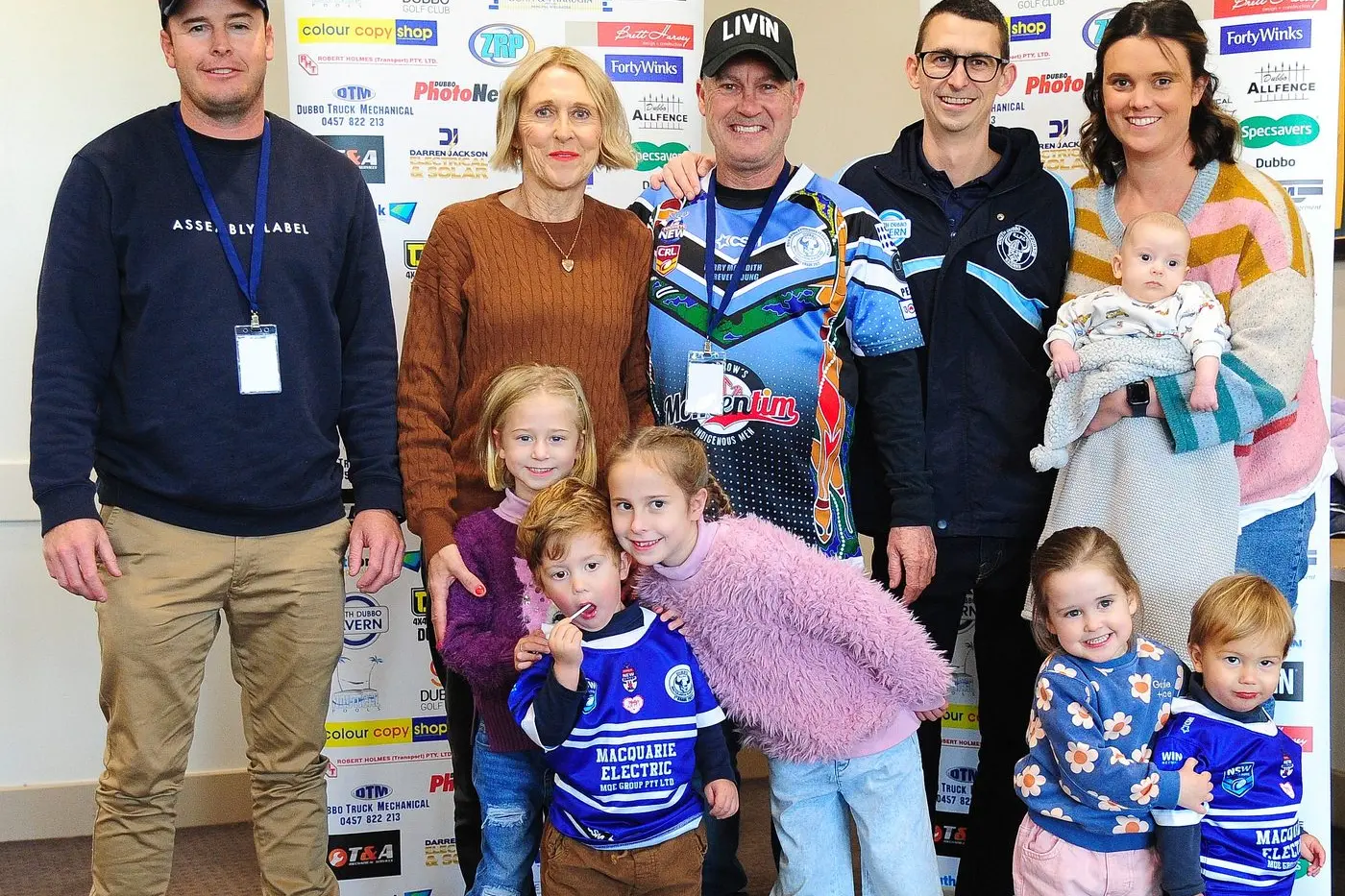Mark and Liz (centre) with Son in law Josh Lawson and his daughters Ruby, Maggie and Annabelle, son Jarryd and daughter-in-law Gabie and their sons Ralph, Billy and Fred. Photo: Mel Pocknall