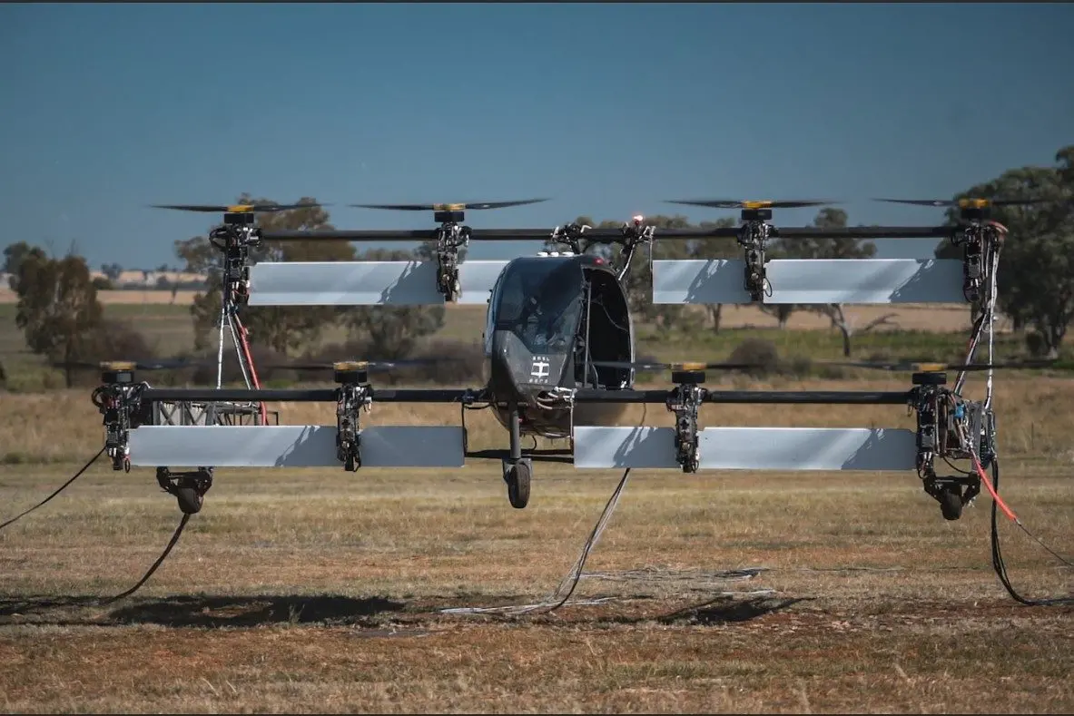 Are electronic heli-planes the future of air travel? The \"Vertiia\" electric Vertical Take Off and Landing (eVTOL) aircraft is pictured at Wellington\\'s Bodangora Airstrip where it is being test-flown. Photo: Supplied.