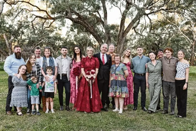 Pictured here with some of their extended family, Dr Jodie Benton and Dr Benn Bryant married on Saturday, October 4, at Toongi Hall. Photos: Belinda Solle.