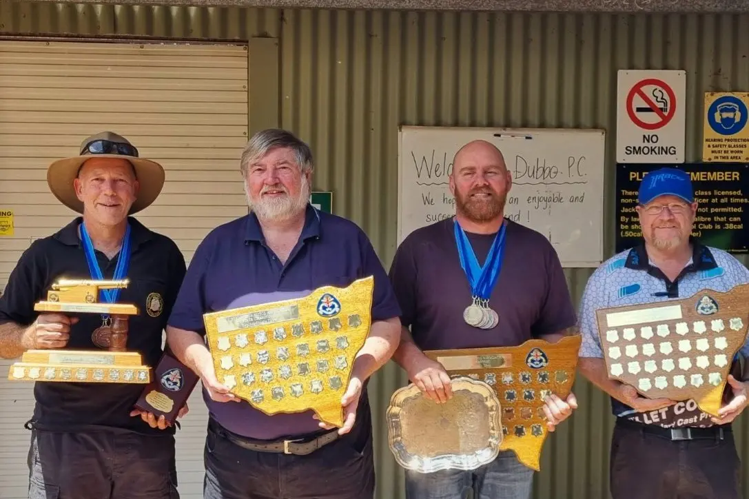 Dubbo Pistol Club hosted the NSW State Black Powder Pistol Championships last weekend, with winners Don Boundy of Cessnock Pistol Club, David Moore of Sydney Pistol Club, local Kerry Bell of Dubbo Pistol Club, and Les Moncrieff of Mildura Pistol Club. Photo: Supplied. 