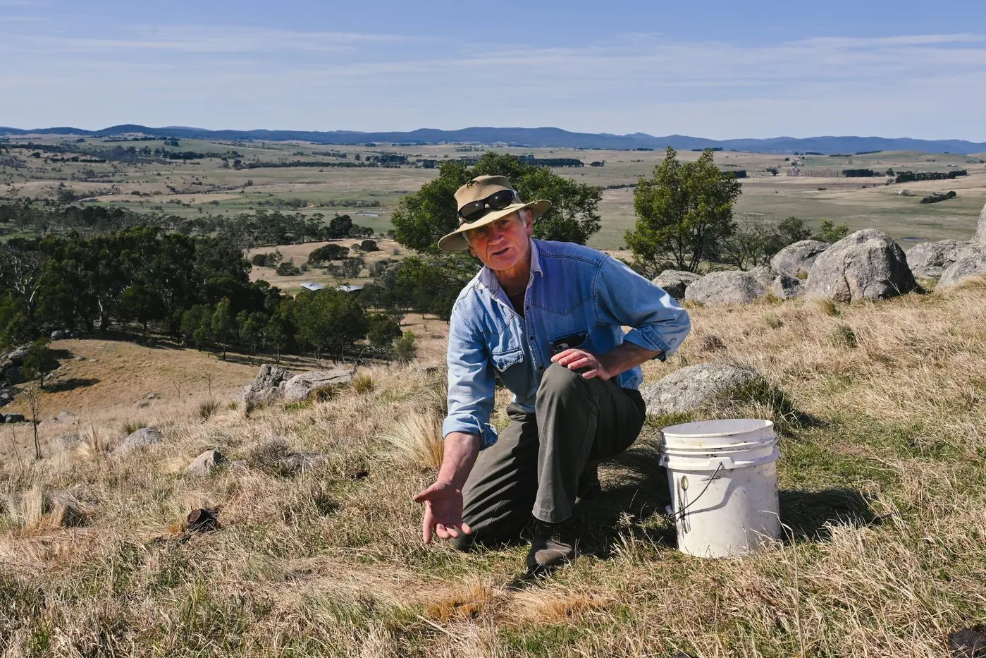Braidwood farmer Martin Royds has developed a method for controlling weeds on his property near Braidwood using a natural, non-chemical weed killer. A field day and conference celebrating 30 years of holistic management in Australia is being held at Carcoar in October. Photo: AAP/Mick Tsikas