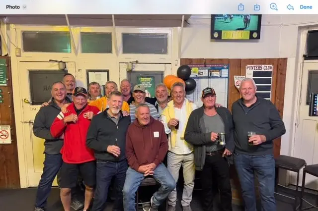 Get-together for the 40th reunion of the Mendooran Rugby league Football Club, back from left, Bruce Anderson, Adrian Rovere, Ian O\\u2019Leary, Jason Gavenlock, Geoff McKechnie, Dave Scifleet, John Hunter, and Stewart Bailey. Front, from left, John Cousins, Peter Frew, Graham Suckley, Peter Wyner, Steve Parish. Photo: Supplied