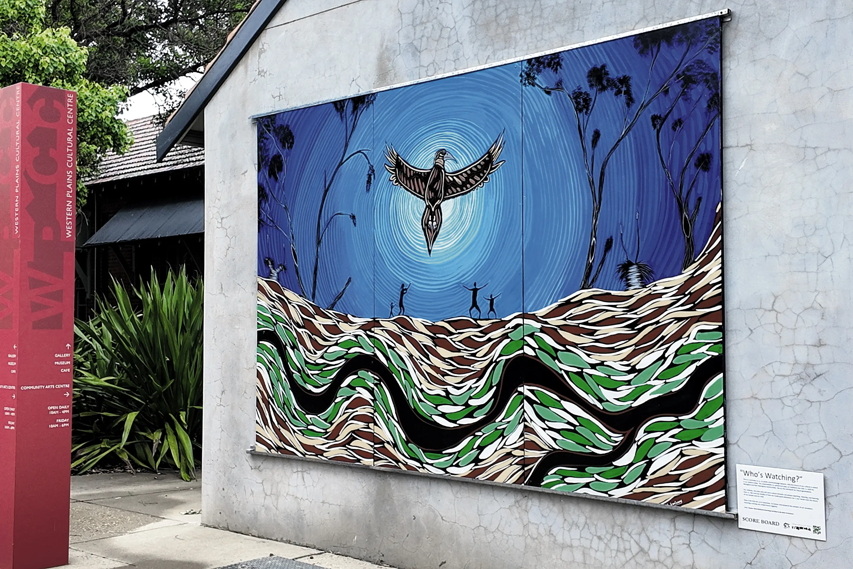 <p>An artwork on the wall of the approach to the Western Plains Cultural Centre, Dubbo. Photo: Dubbo Photo News.</p>\\n