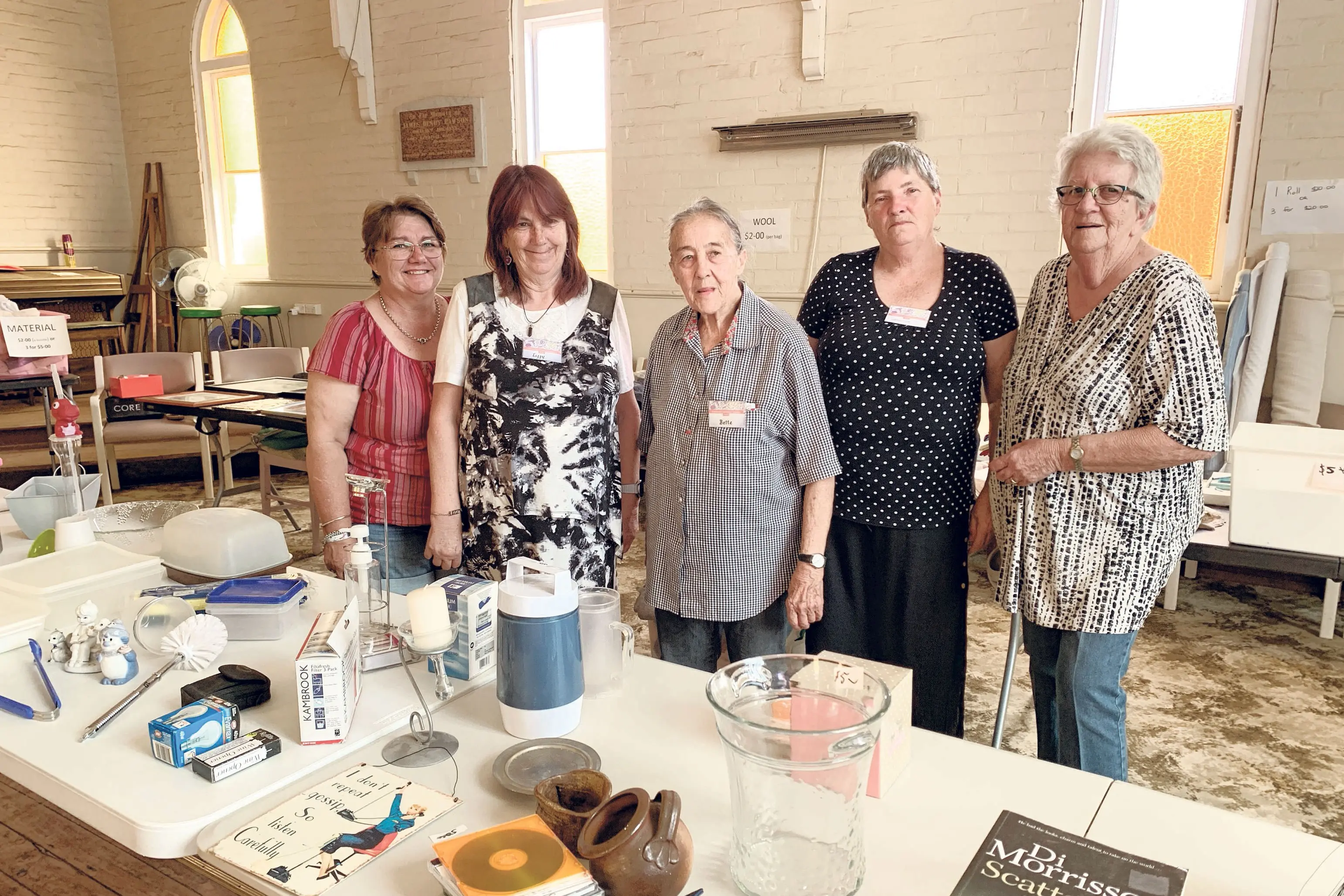 <p>Narromine Community Women\\'s Shed volunteers Kerrie, Lizzy, Bette, Katherine and Narelle at their garage sale on Saturday, November 15. Photo: Dubbo Photo News</p>\\n