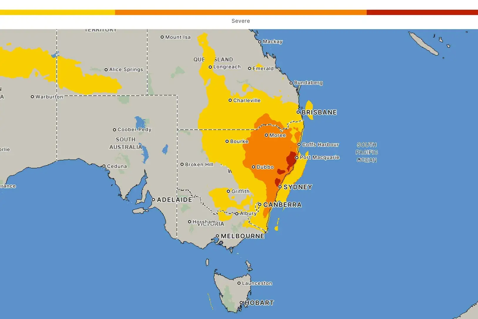 <p>The Bureau of Meteorology\\'s Heatwave Severity Map for Sunday shows a Severe warning for large parts of Central and Western NSW.</p>\\n