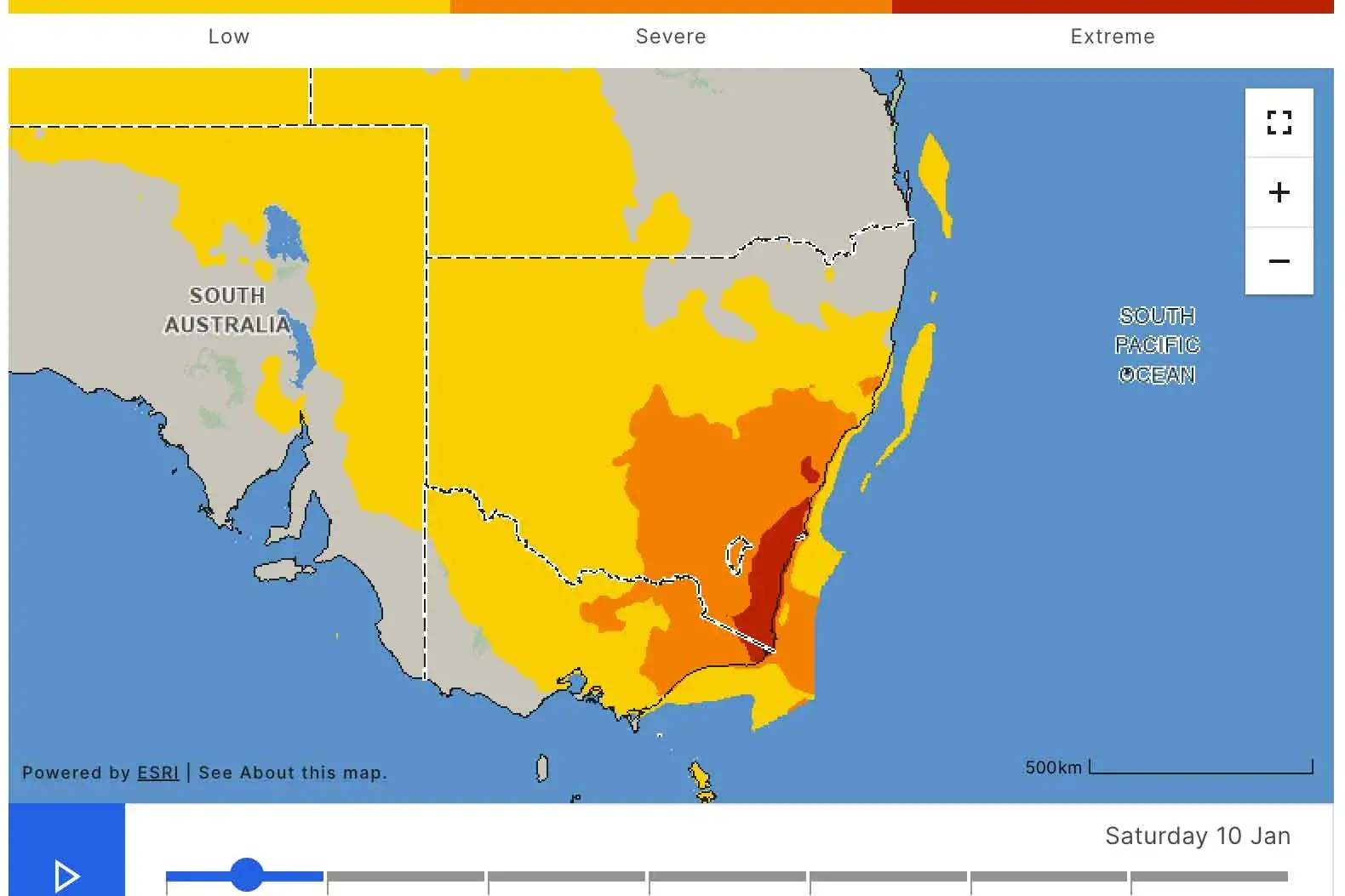 <p>The The Bureau of Meteorology\\'s Heatwave Severity Map for the next 7 days, as at Saturday morning. Photo: Supplied</p>\\n