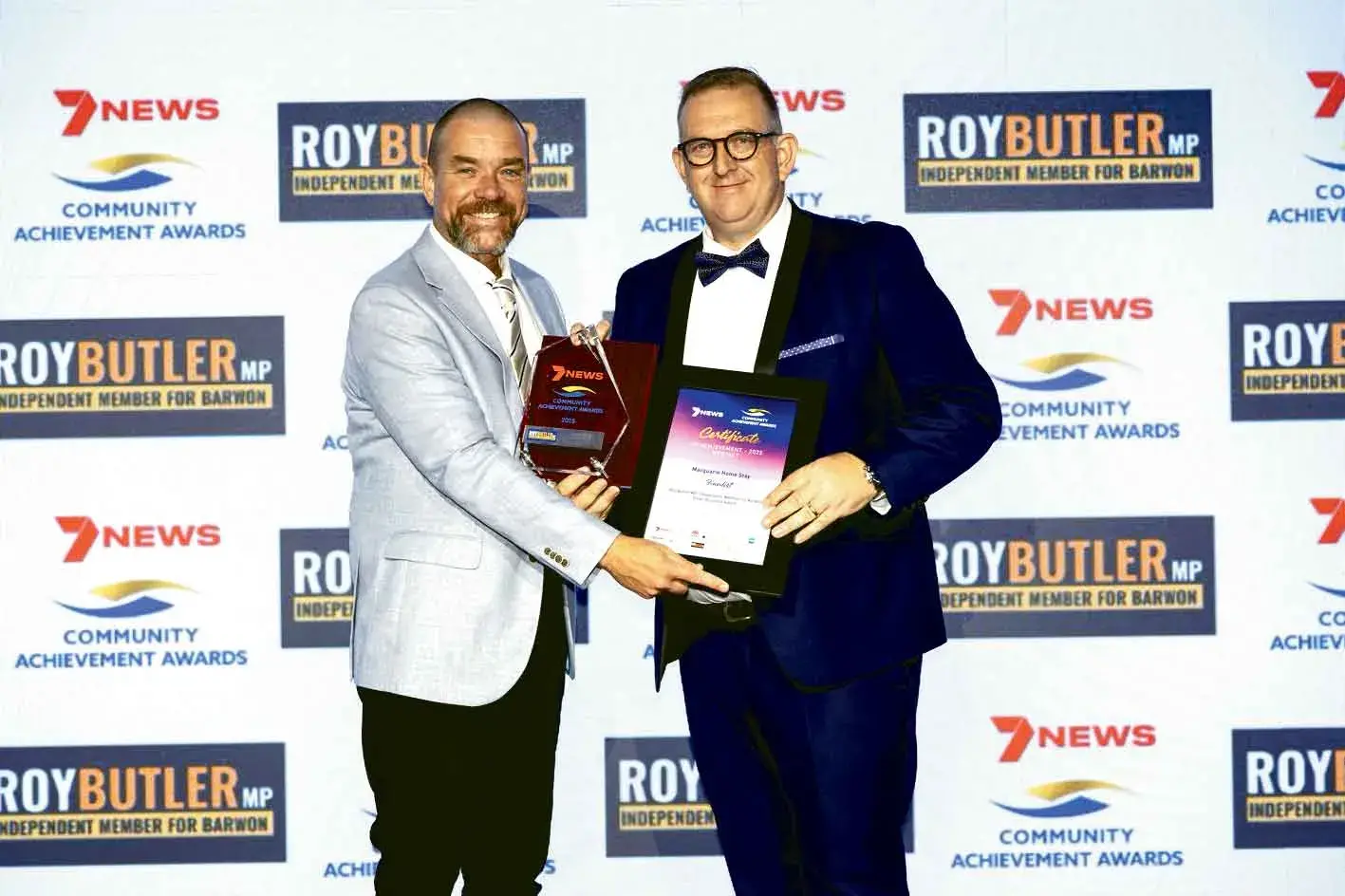 <p>Member for Barwon Roy Butler presenting the award to Macquarie Home Stay Managing Director Rod Crowfoot. PHOTO: SUPPLIED</p>\\n