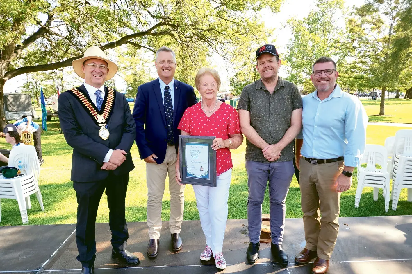 <p>Mayor of Dubbo Cr Josh Black, Jamie Chaffey (Federal Member for Parkes), Pauline McAllister (Australia Day Senior Citizen of the Year 2026), Stephen Lawrence MLC and Dugald Saunders (State Member for Dubbo). Photos: Dubbo Photo News</p>\\n