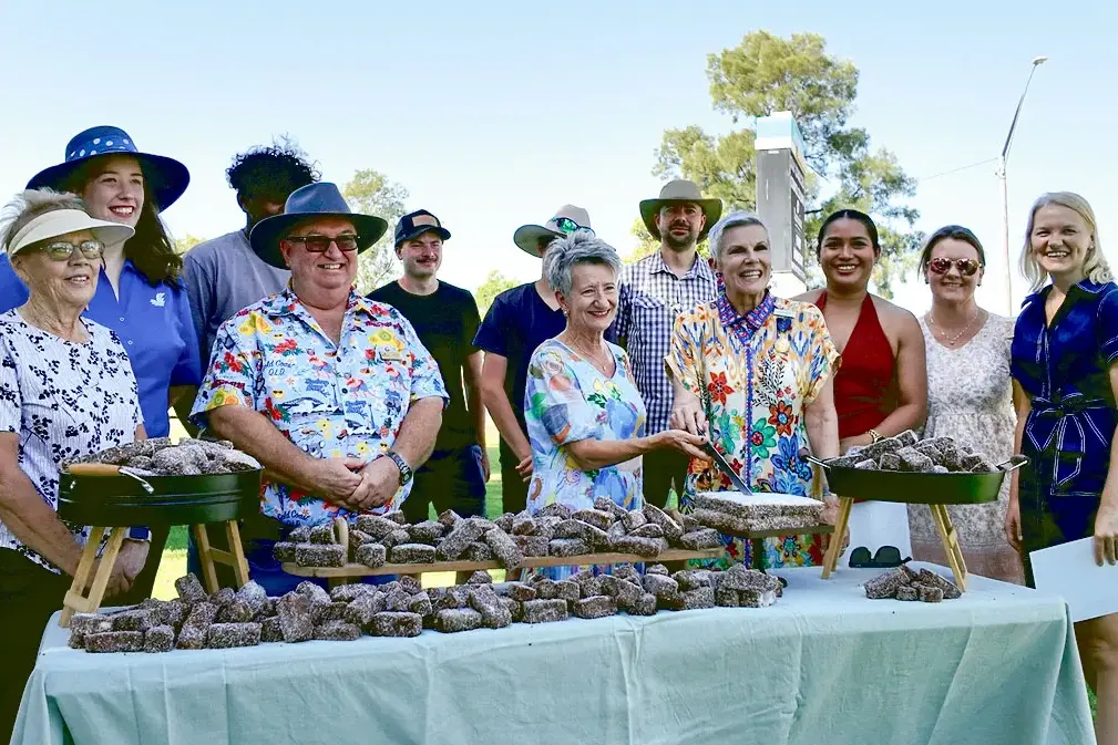 <p>Award recipients and newly-conferred Australians cut the lamington cake in Narromine on January 26.</p>\\n