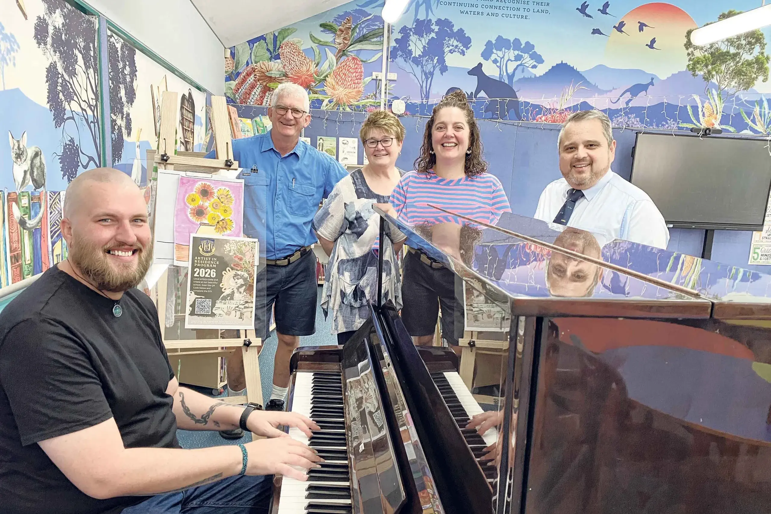<p>Inaugural artist in residence hitting the high notes at South Dubbo; Paul Young is seen here with, from left, the school\\u2019s Creative Arts Team of Robert Tarry, Alexandra Prince, and Rowena Gay, with media specialist, Andrew Parsons. Photo: Supplied</p>\\n