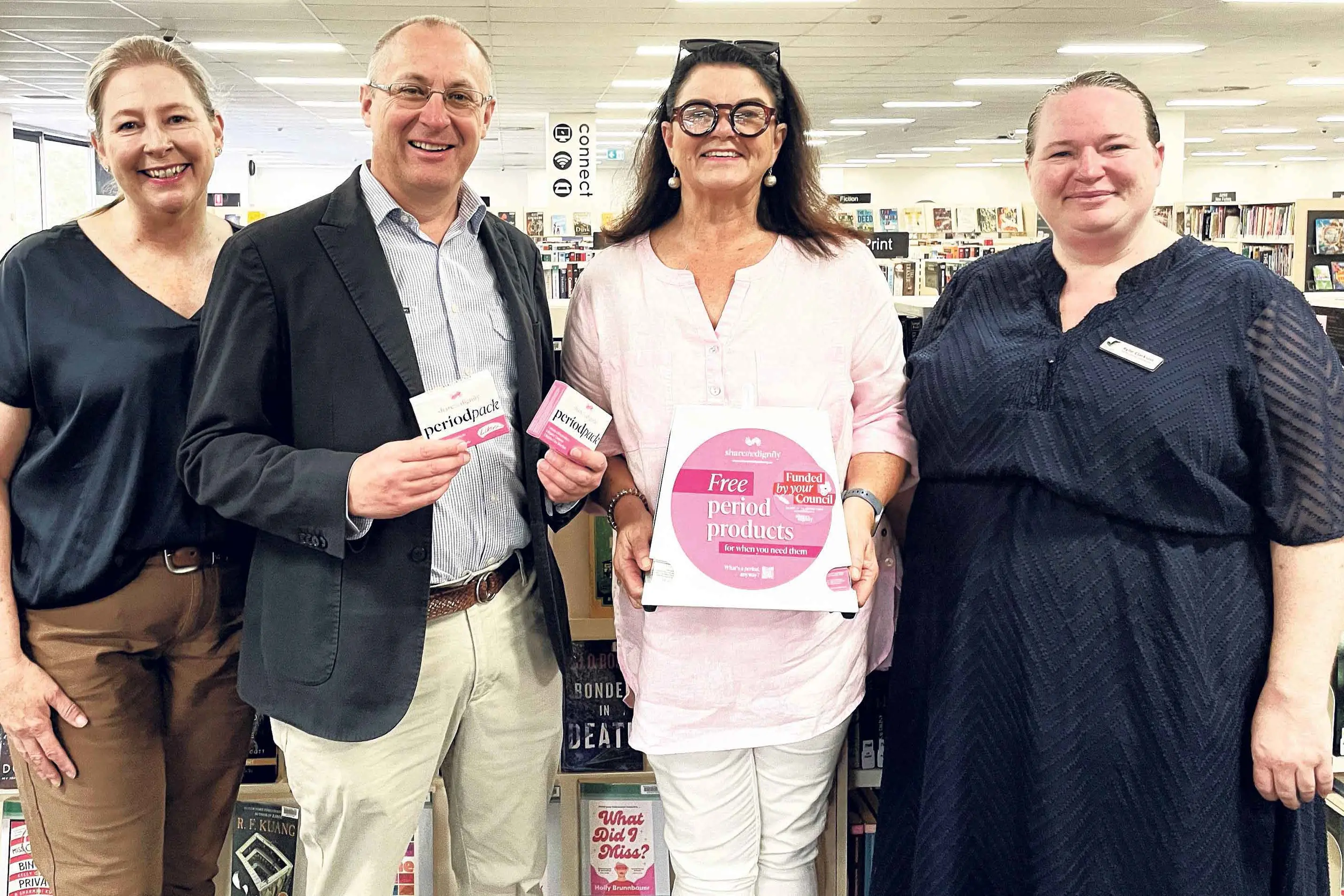 <p>The inaugural \\'Share the Dignity\\' project shows the expanding social role of local government with, from left, council\\u2019s Christy White, Mayor Josh Black, Cr  Jen Cowley, and Macquarie Regional Library\\u2019s Kylie Clarkson. Photo: Supplied.</p>\\n
