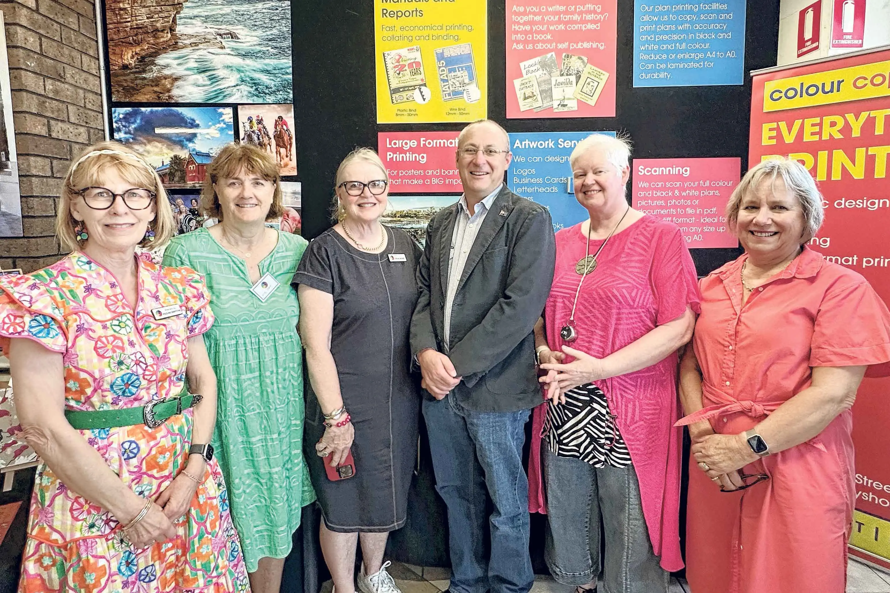 <p>Pauline Griffiths, Nicky Dakin, Lyndal McRae, Dubbo mayor Josh Black, Annette Ferguson and Michele Simpson at the launch of the Fresh Arts exhbition at The Colour Copy Shop on March 5. Photo: Dubbo Photo News. </p>\\n