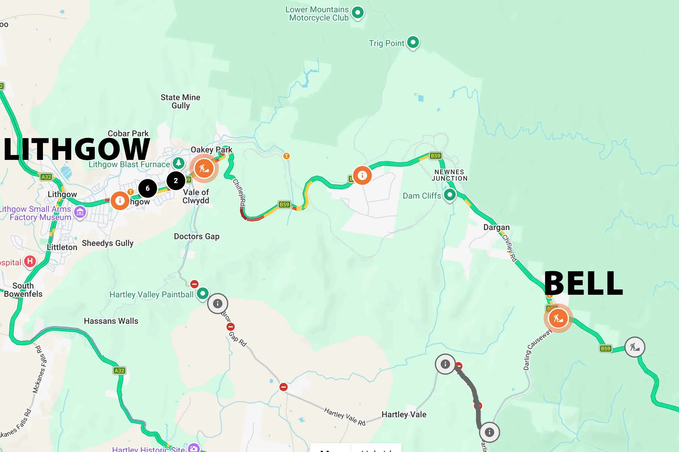 <p>Live Traffic NSW annotated this Google Map for the area being impacted by roadworks between Lithgow and Bell.</p>\\n