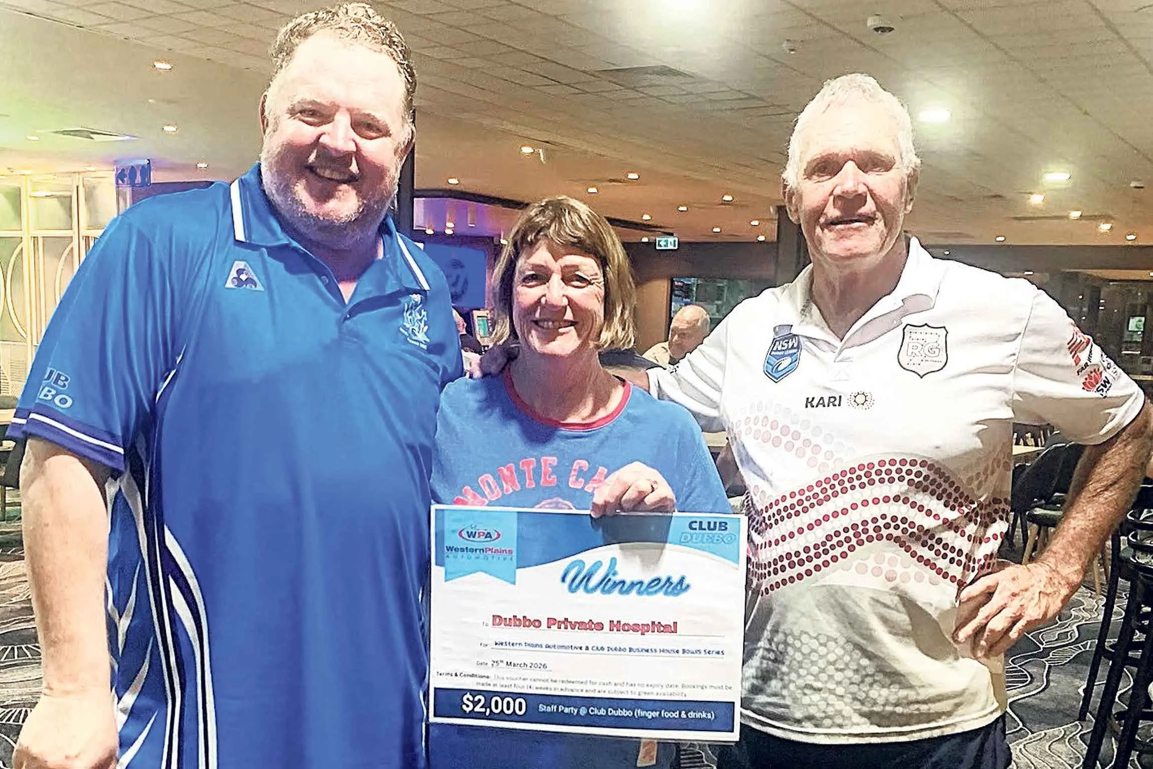 <p>Winners of the recent West Dubbo Roos Bowls Business House competition, Dean McCaskill and Megan and Ronnie Gibbs. Photo: Supplied</p>\\n