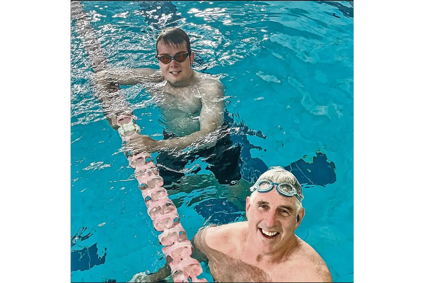 <p>Smiling swimmers, Jack Allen and Neil Harris after completing their winning Brace Relay last weekend. Photo: Supplied</p>\\n