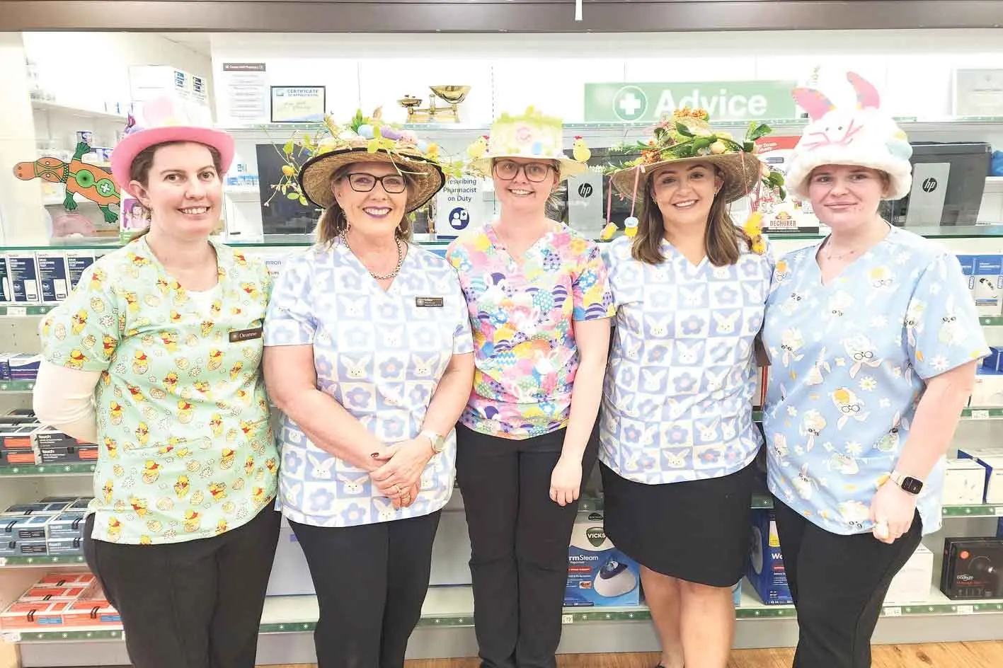 <p>Deanne, Leisha, Lauren, Tiffany and Kate with their best Easter bonnets at Orana Mall Pharmacy. Photo: Dubbo Photo News/Ken Smith</p>\\n