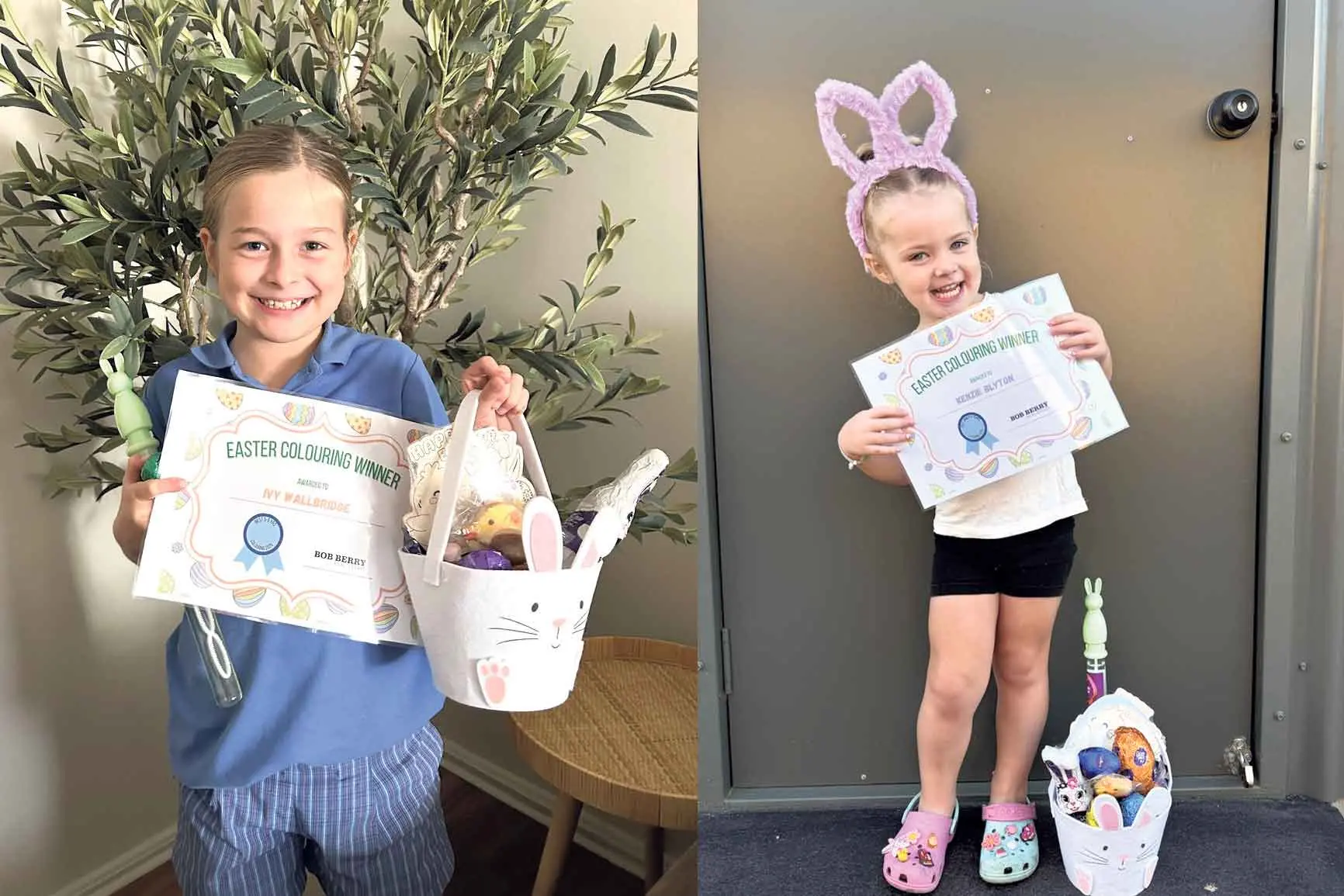 <p>An excited Ivy, 8 (left), with her prize from Bob Berry Real Estate. Right, Kenzie, 3, with her choco-licious prize. Photos: Supplied. </p>\\n