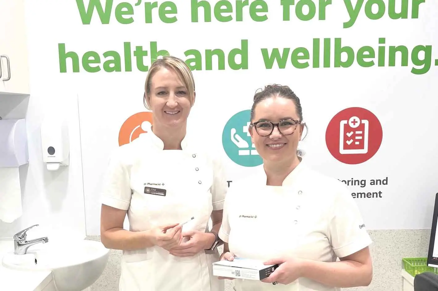 <p>Pharmacists and partners at Orana Mall Pharmacy, Lisa Gibson and Mollie-Anne Gersbach, with the nasal spray influenza vaccination for children. Photo: Pharmacy Phusion</p>\\n