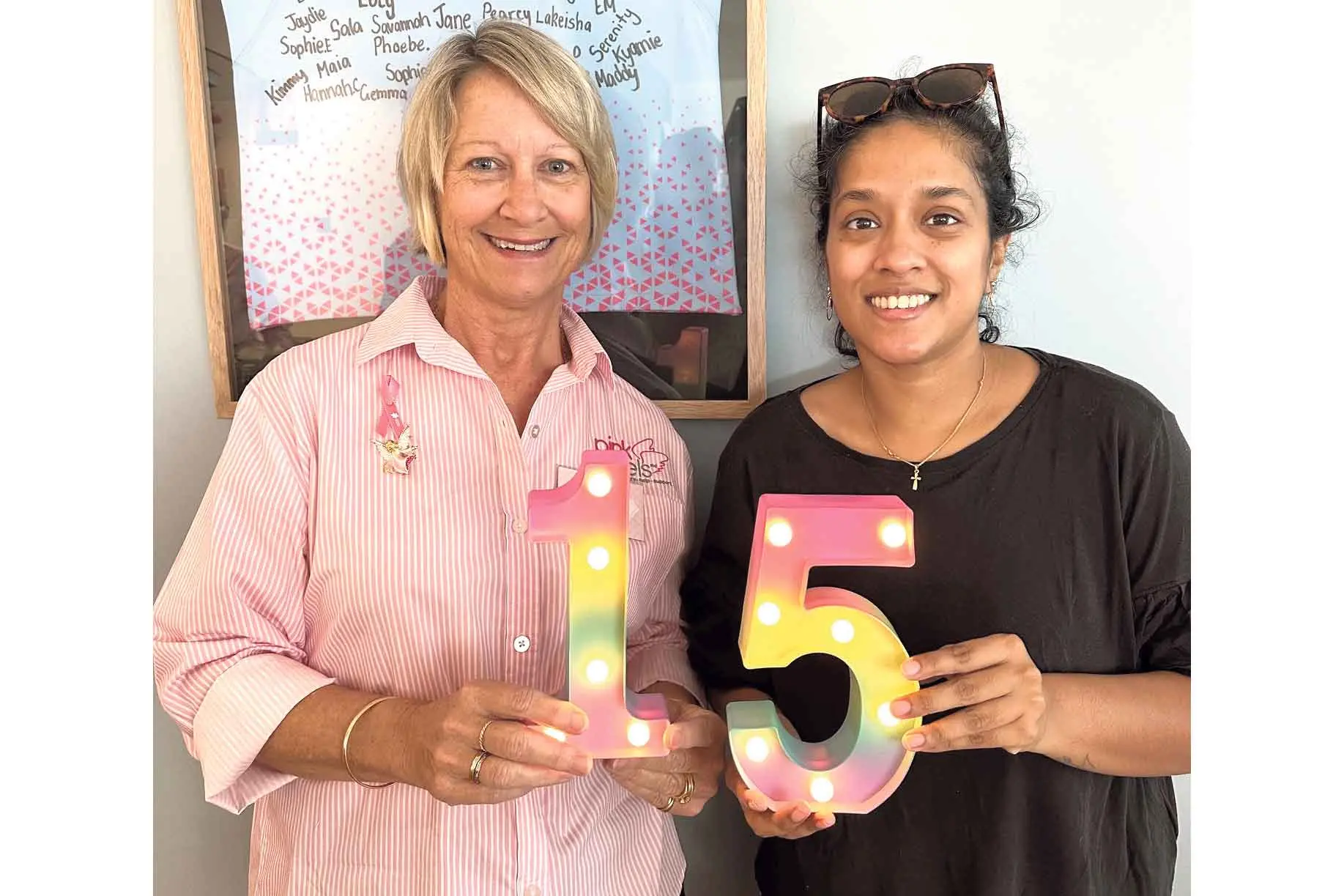 <p>Sue Palmer and Simone Lobo at the Pink Angels\\' 15th anniversary morning tea on April 9. Photo: Dubbo Photo News. </p>\\n