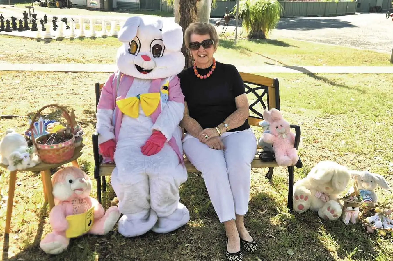 <p>The Easter Bunny with Pam Ferrari from the Trangie Hospital Auxiliary earlier this month. Photo: Alex Gartside.</p>\\n