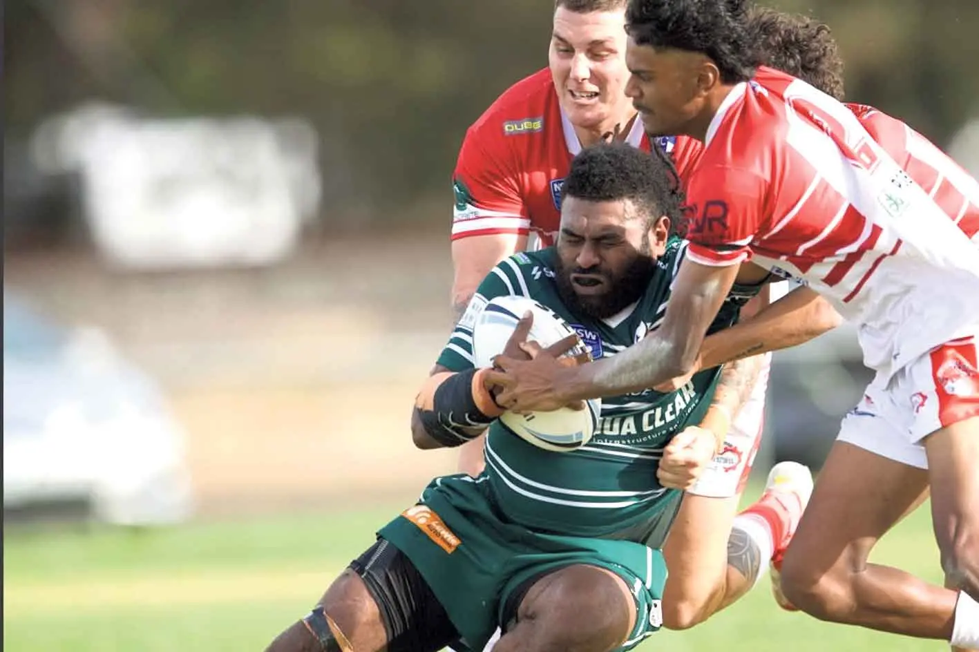 <p>Tough yards for this Dunedoo Swans player against the Narromine Jets in Round Two of the Castlereagh League at Dunedoo over the weekend. Photo: Peter Sherwood</p>\\n