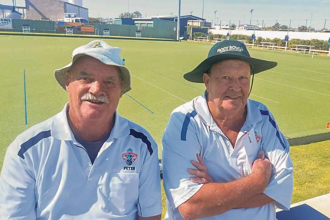 <p>Pete Sinclair and Col Cottee enjoying the fine, cool Sunday at Combo Bowls. Photo: Crackerjack</p>\\n