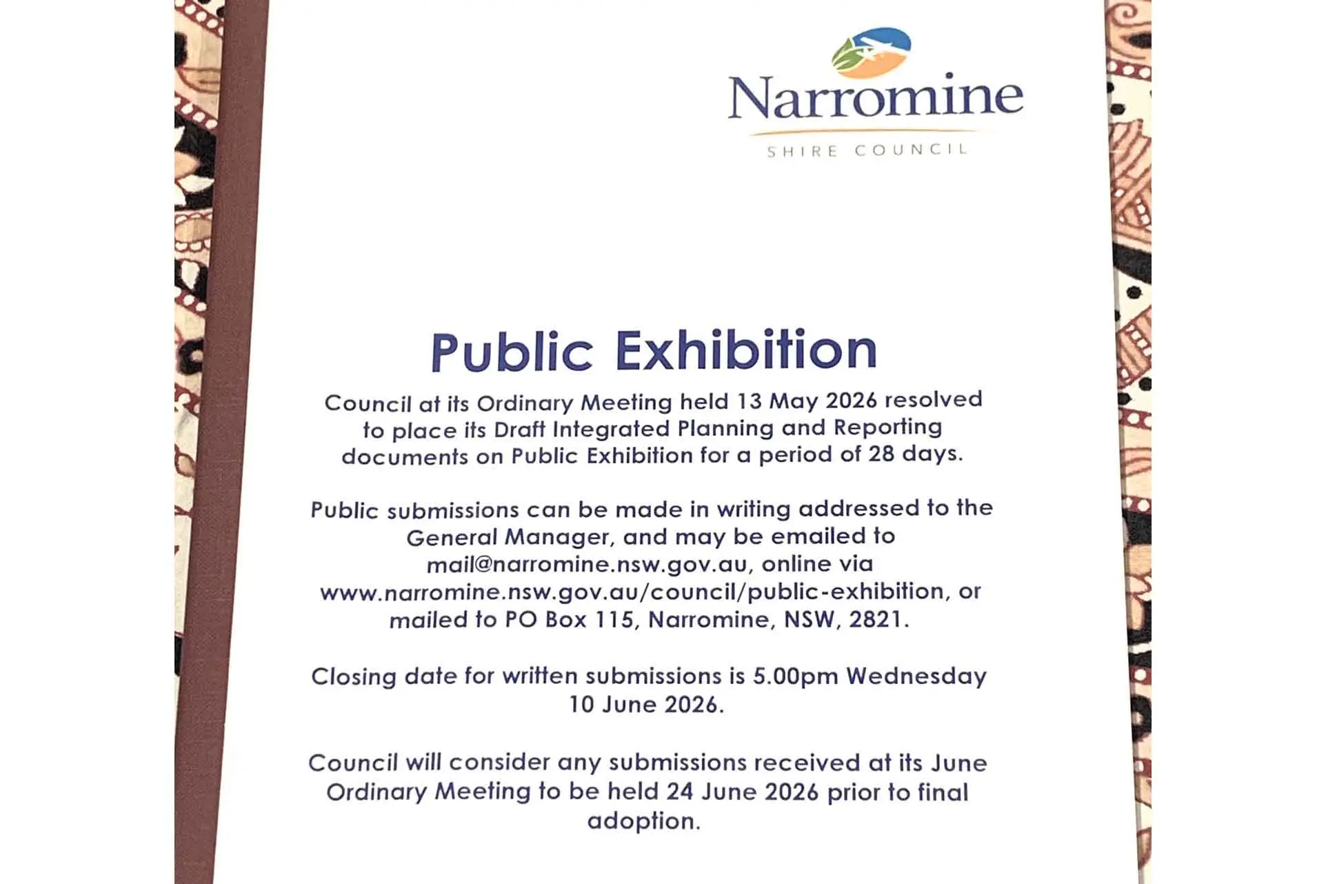 <p>Narromine Shire residents have an opportunity to review and provide feedback on their council\\u2019s draft plans for the 2026/27 financial year. Photo: Dubbo Photo News</p>\\n
