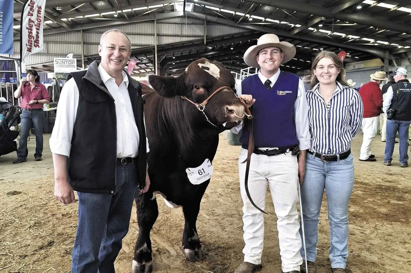 <p>Now that\\u2019s a bull! Mayor Black with a couple of his former school students, Jim White and Grace Neeves, at the recent National Shorthorn Show & Sale. Photo: Supplied</p>\\n