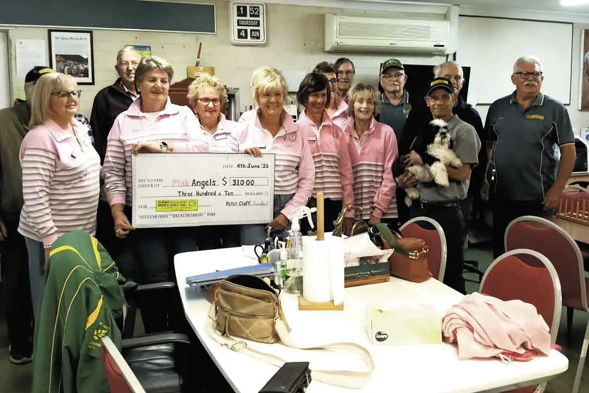 <p>The Pink Angels accepting the donation from the Dubbo Community Men\\'s Shed on June 4. Photo: Pink Angels</p>\\n