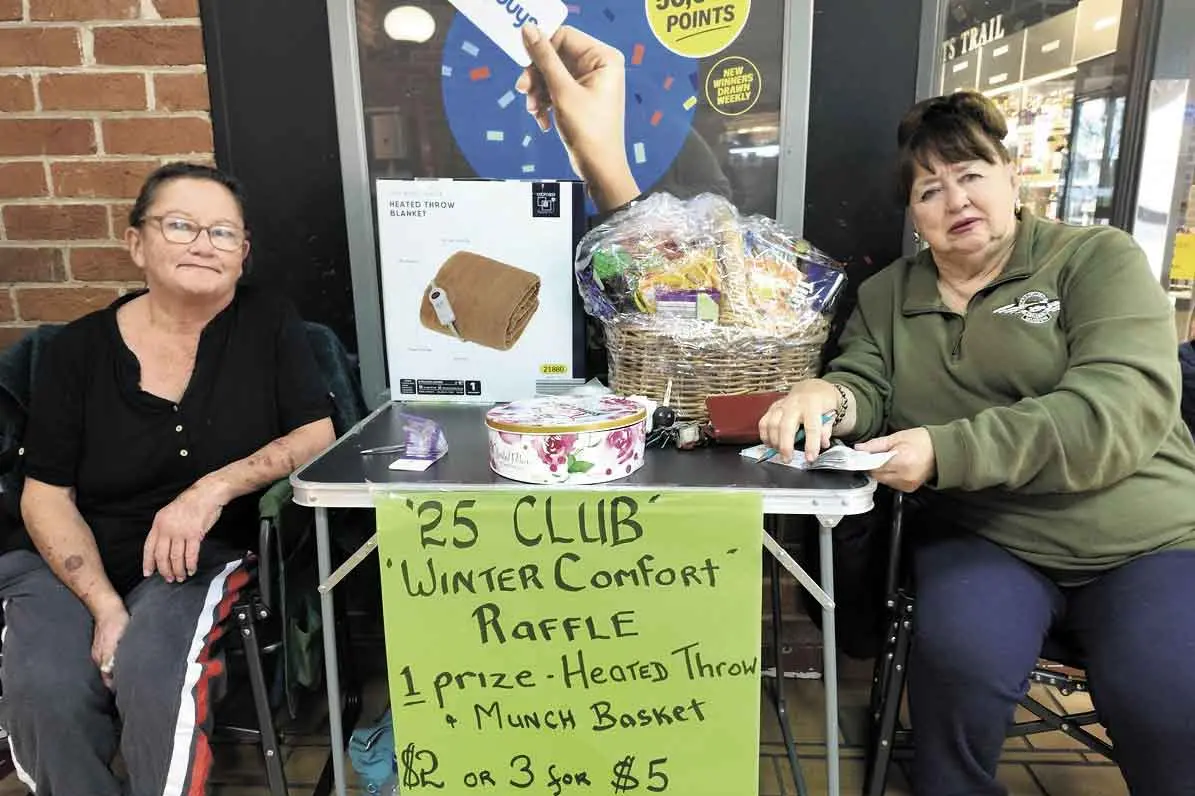 <p>Kim Theobald and Christine Kelly out selling raffle tickets in Narromine. Photo: Dubbo Photo News</p>\\n