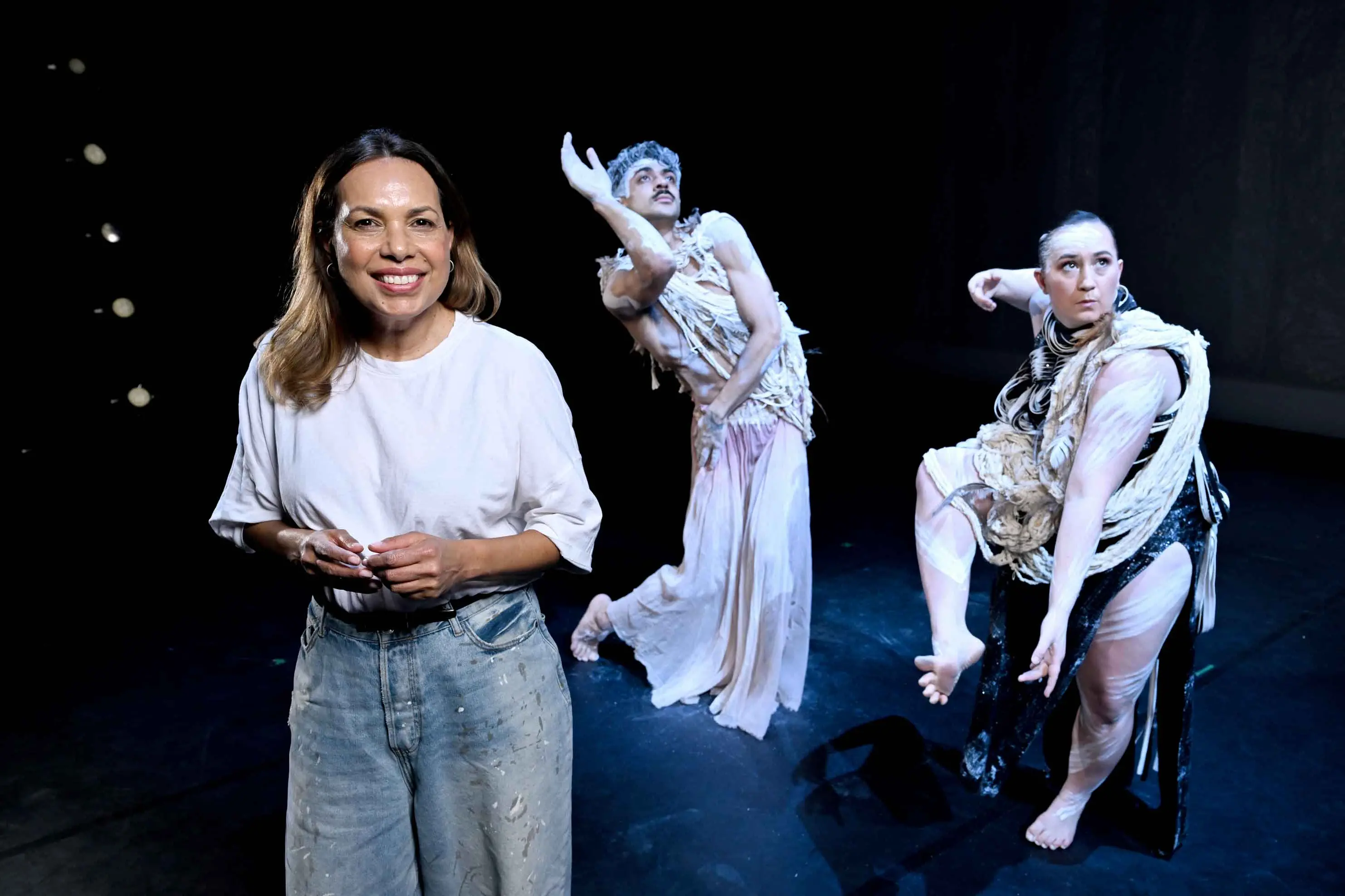 <p>Frances Rings, of Bangarra Dance Theatre, with dancers Daniel Mateo and Chantelle Lee Lockhart. Photo: AAP/Darren England</p>\\n
