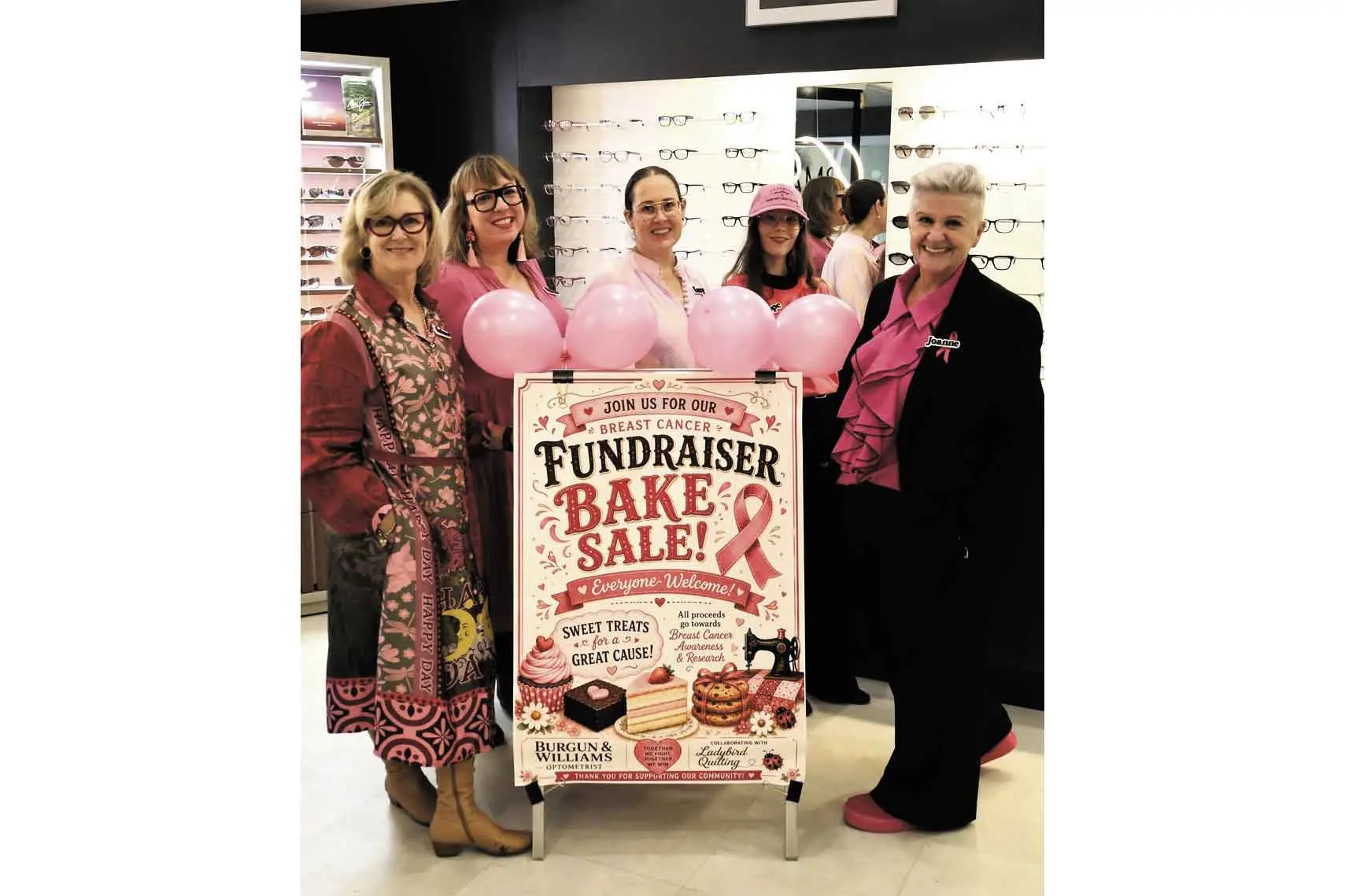 <p>Ruthanne Burton, Vanessa Kinsey, Lucy Smith, Hope Layton and Jo Johnston at the Go Pink Day at Burgun and Williams Optometrists. Photo: Dubbo Photo News</p>\\n