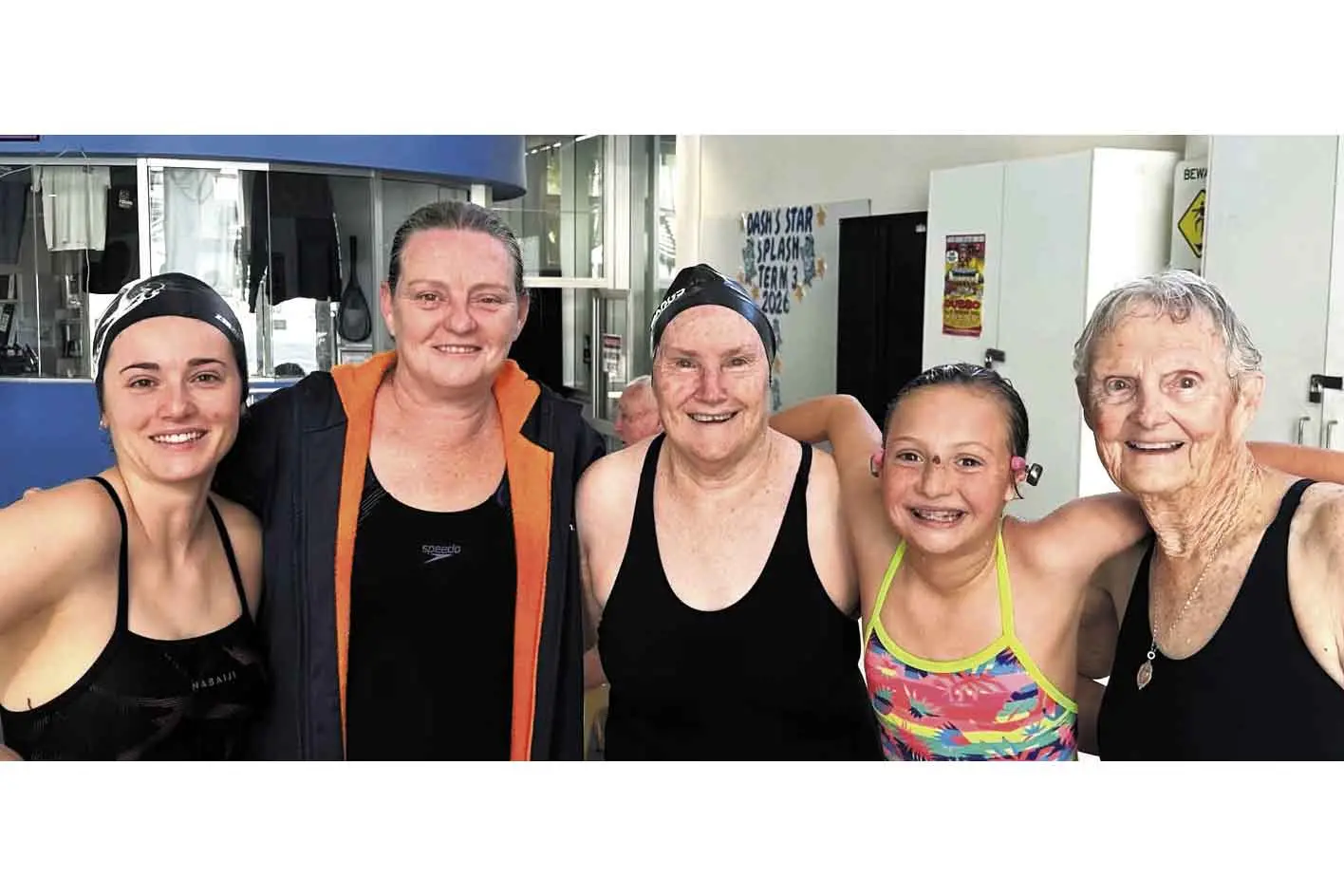 <p>Smiling Ducks after their morning swim: Louise Poulenc, Katharine O\\'Rourke, Margaret Ross, Matilda Barling, and Judy Walsh. Photo: Dubbo Ducks</p>\\n