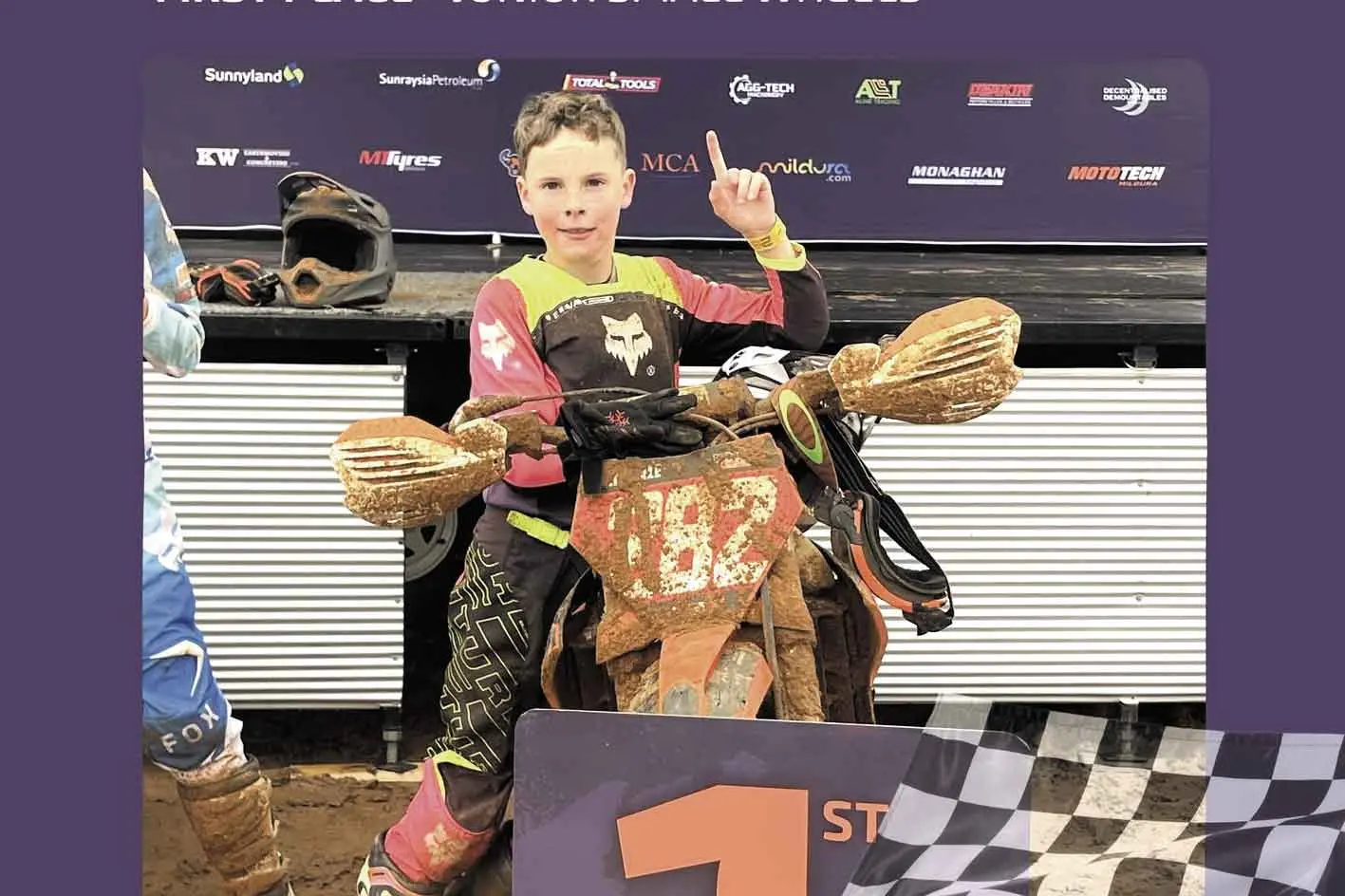 <p>Ollie Cale on the podium, first placegetter in the junior division of the Hattah Desert Race. Photo: Hattah Desert Race.</p>\\n