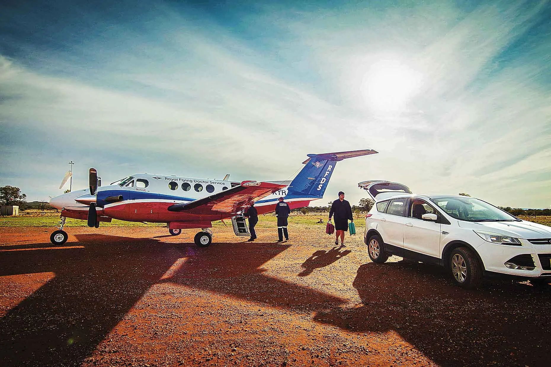 <p>An RFDS primary care team arriving at Packsaddle, north of Broken Hill. Photo: Guy Dixon</p>\\n