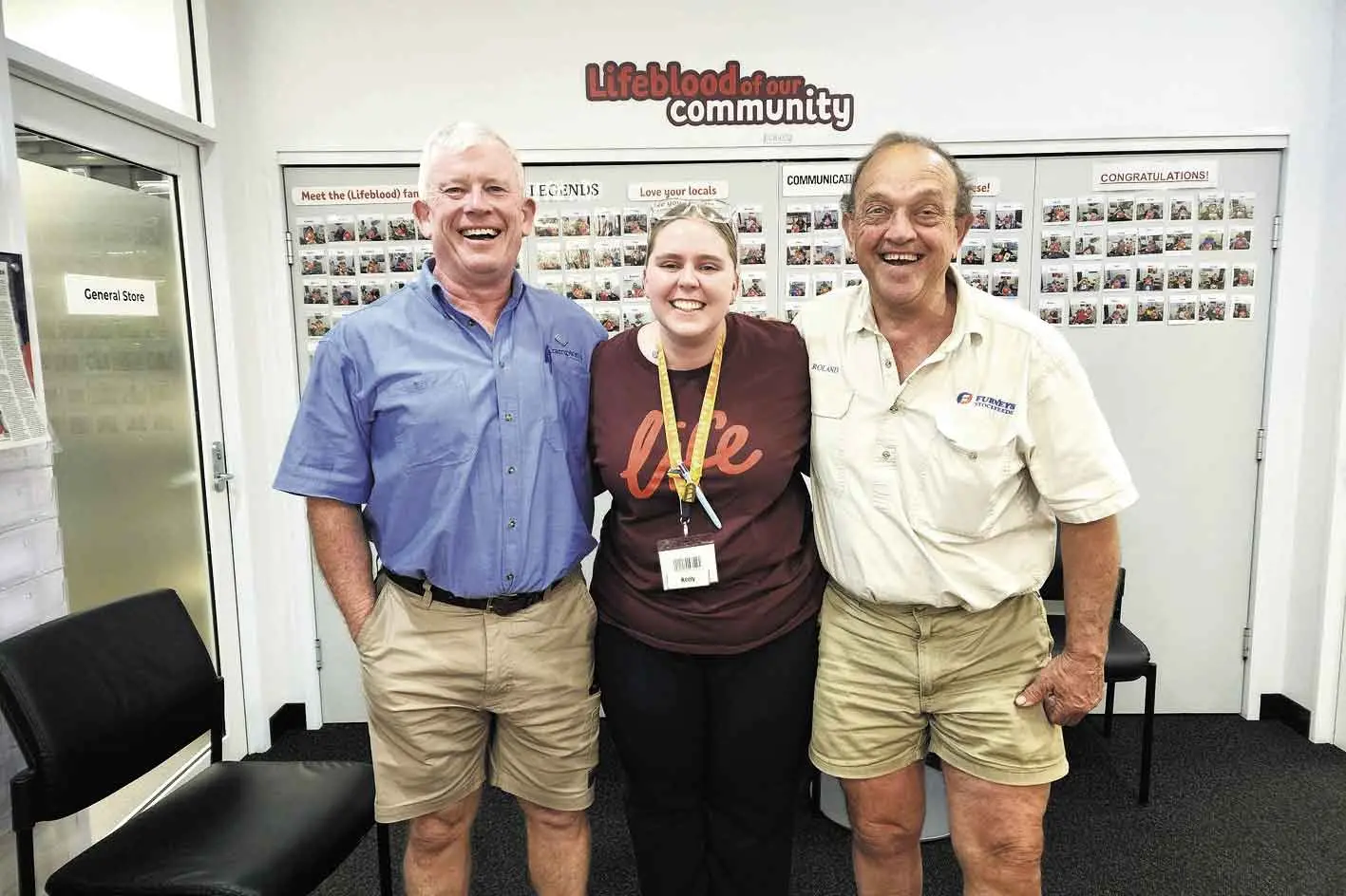 <p>Prolific blood and plasma donors Gerard Crampton (left) and Roly Samuels (right) with Keely Hitchick from Australian Red Cross Lifeblood. Photo: Dubbo Photo News/Ken Smith</p>\\n
